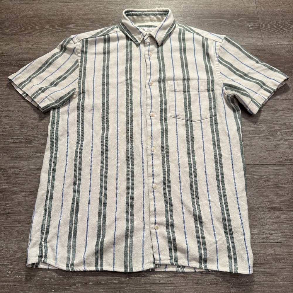 Zara Shirt Mens Medium Green White Stripe Knit Thick Cotton Resort Beach Button